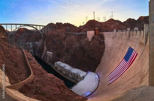 Hoover Dam Panorama with Giant American Flag at Sunset Nevada USA