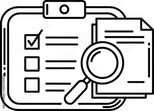 Photos Clipboard checklist with magnifying glass, document review and task completion c