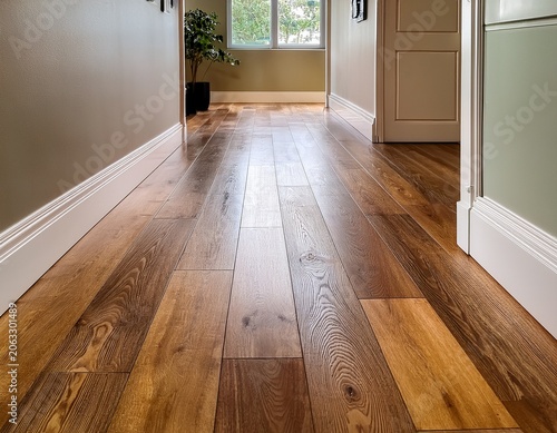 newly installed laminate flooring in a residential hallway with perfectly aligned wooden planks enhancing the fresh and modern aesthetic
