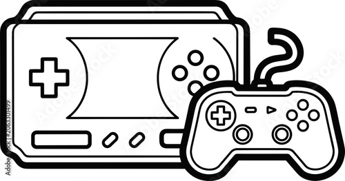Foto Retro Handheld Game Console with Controller, Vector Line Art