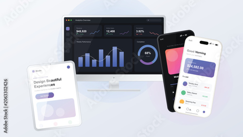 Premium Device Mockup Set with Analytics Dashboard Display and Mobile FinTech App UI