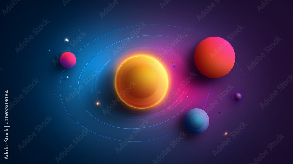 Fototapeta premium Vibrant neon colorful solar system illustration with glowing planets and orbital rings on dark cosmic background for education