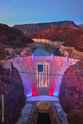 Hoover Dam Night View With Giant American Flag Red White Blue Lights Nevada
