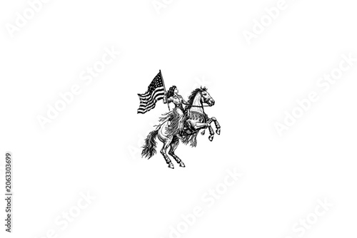Vintage vector sketch of a cowgirl riding a rearing horse with a USA flag. Engraving style digital illustration of a patriotic western woman, isolated on white background.