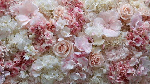 Delicate arrangement of soft pink and white silk roses with hydrangeas creating a beautiful floral wall for wedding event decor