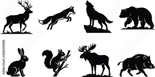 Photography Wild forest animal silhouettes collection featuring deer, fox, wolf, bear, rabbi