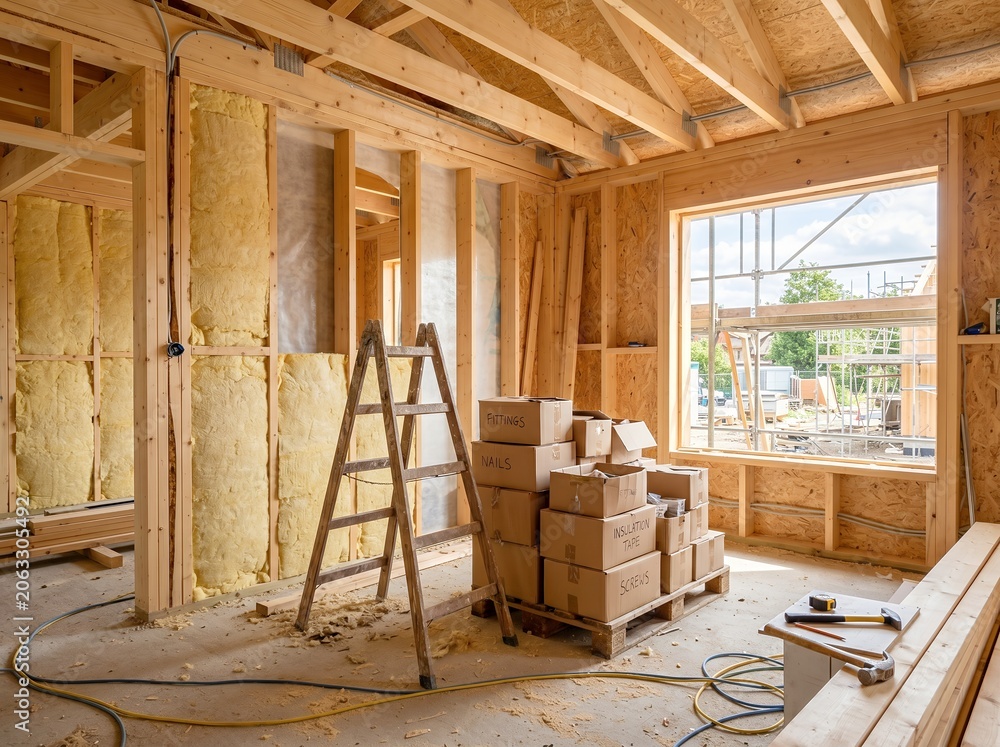 Naklejka premium 新築住宅の建設現場で木造骨組みと断熱材設置が進む内装工事