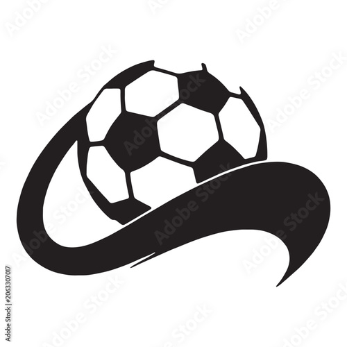 Soccer ball silhouette with curved ribbon black and white graphic
