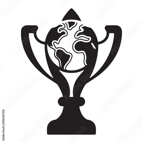 Globe inside trophy cup silhouette black and white graphic