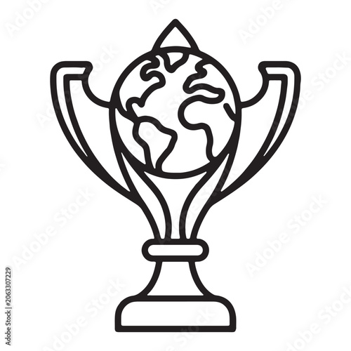 Globe atop trophy outline black and white line art illustration