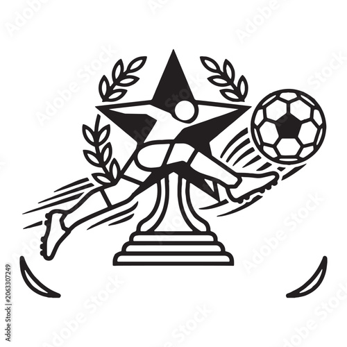 Soccer player silhouette with trophy and laurel wreath black and white
