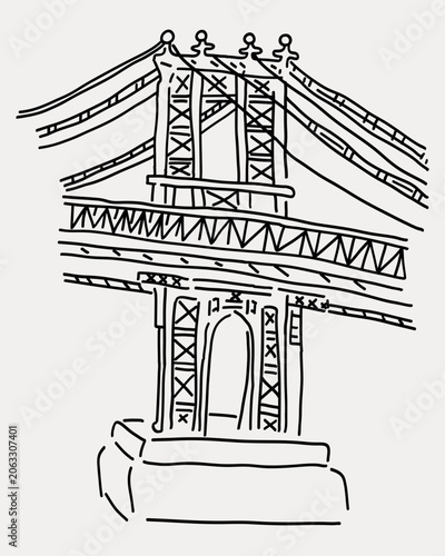 Manhattan Bridge, New York hand drawn sketch. Not AI