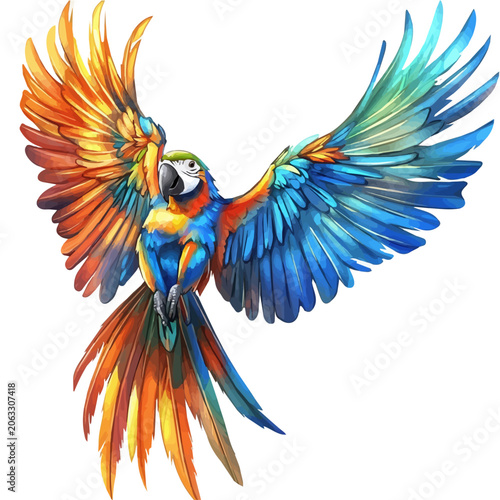 Macaw, watercolor painting capturing graceful lines and soft blended shades, isolated on a white background.