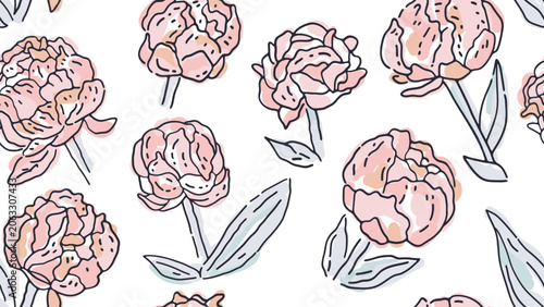 Peonies hand drawn seamless pattern. Not AI