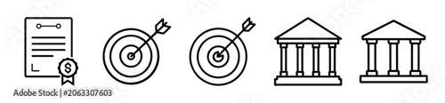 Set of business and finance icons including contract, target, and bank building line art symbols