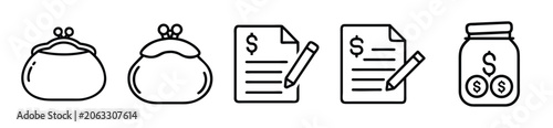 Set of financial icons including coin purses, documents with dollar signs and a savings jar with coins