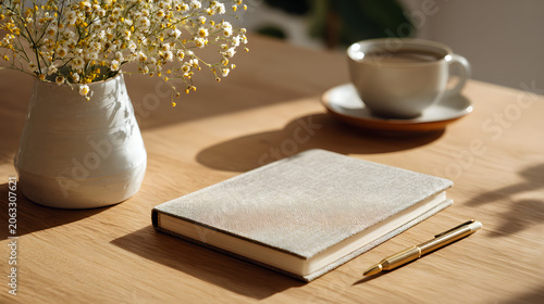 luxury notebook with linen cover on wooden desk, natural sunlight, productivity concept, minimalist workspace photography