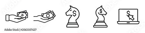 Set of business and finance icons including hand with money, chess knight with dollar sign and laptop