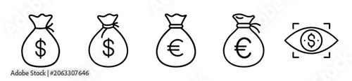 Set of money bag icons with dollar and euro signs and eye with dollar symbol for financial tracking