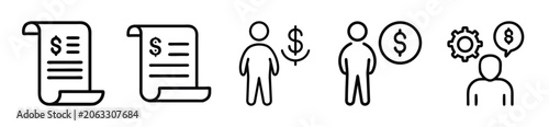 Set of business and finance line icons including invoice, financial person, and management