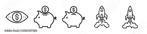 Set of financial and startup icons including eye with dollar sign, piggy bank, and rocket launch