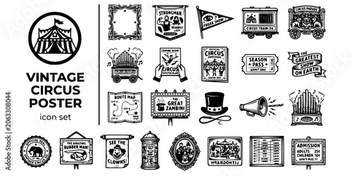 Vintage Circus Poster Advertisement Bold Line Icons-Ornate Border Sideshow Banner Freak Show Train Car Parade Wagon Calliope Flyer Program Ticket Stub-25 Vintage Circus Icon Set Vector