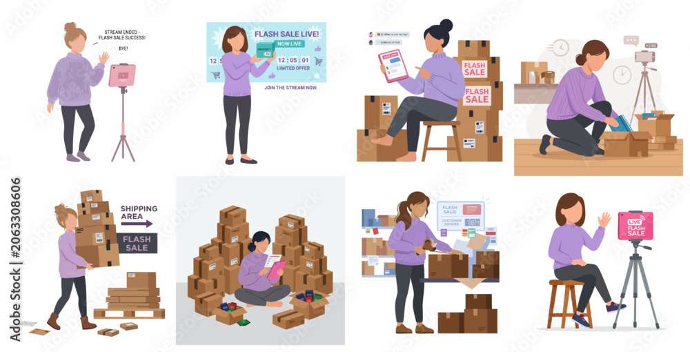 Fototapeta premium Set of Illustrations Featuring a Female Entrepreneur Conducting Live Stream Flash Sales and Managing Online Business Orders and Shipping
