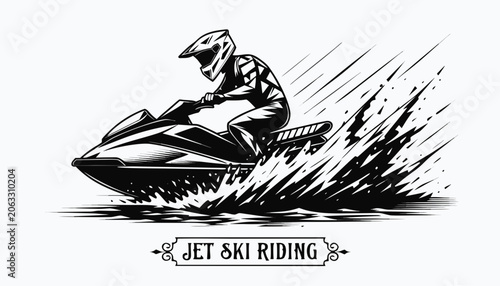 Cuadro en lienzo Very beautiful black-and-white engraved vector illustration featuring a jet ski