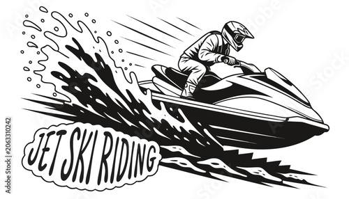 Fotografía Very beautiful black-and-white engraved vector illustration featuring a jet ski