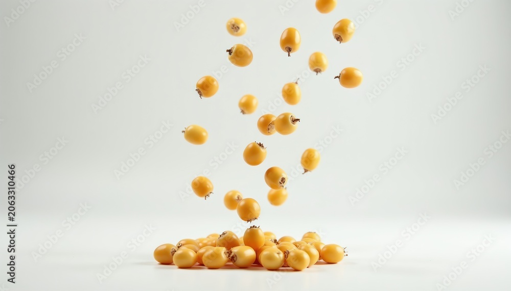 Fototapeta premium Small yellow fruits fall from air to form pile on white background. Healthy food concept, fresh produce, natural ingredient. This photo is great for food blogs, recipes, and health articles.