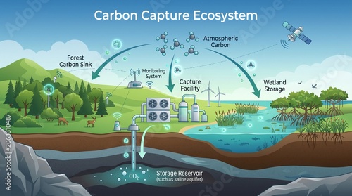 Carbon capture ecosystem infographic showing industrial processes and natural environments interacting to reduce atmospheric carbon levels efficiently.