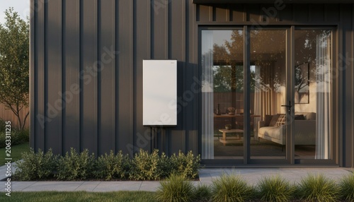 Large white home energy storage battery pack mounted on a dark vertical siding wall of a modern residential house