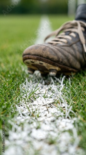 Close-up of a soccer player's boot stepping next to the white line on a green grass pitch