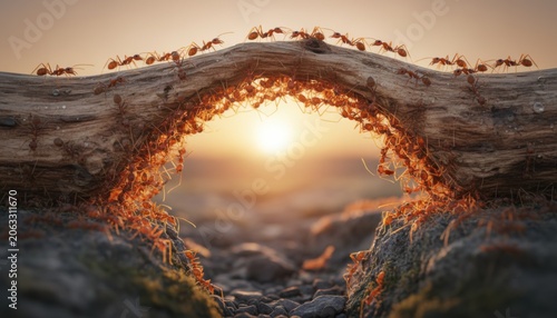 Colony of red ants builds a bridge across a piece of weathered wood during a scenic sunset to demonstrate teamwork and collective behavior