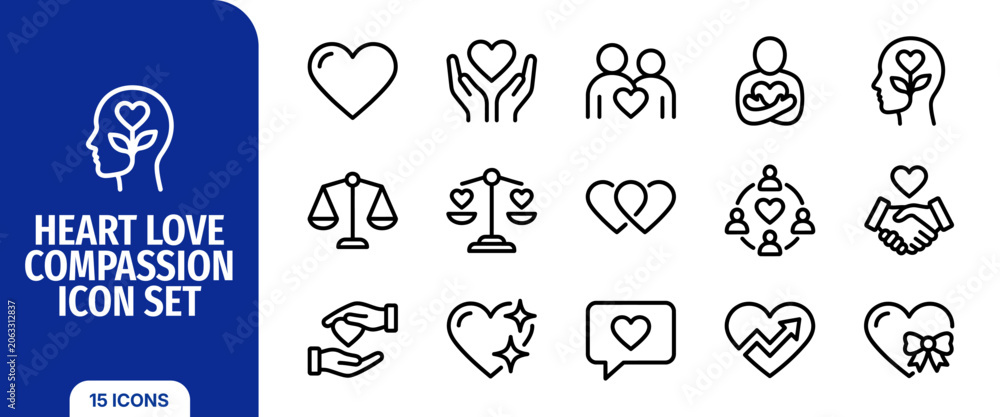 Fototapeta premium Heart love compassion icon set thin line icons for love, care, charity, kindness, empathy, and social support vector illustration