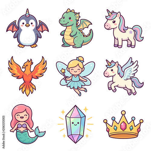 Colorful fantasy cartoon animal icons set.