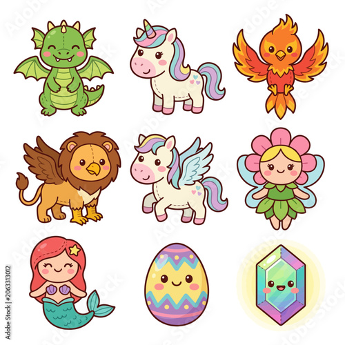 Cartoon fantasy creatures and animals.