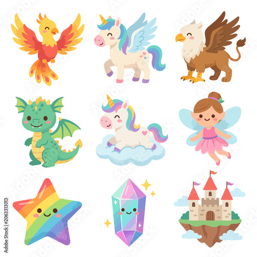 Cartoon fantasy creatures and castle.