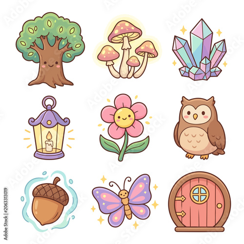Whimsical Cartoon Forest Creatures Objects.