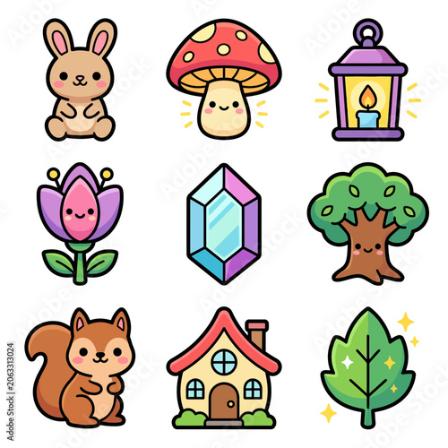 Colorful cartoon forest animal house icons.