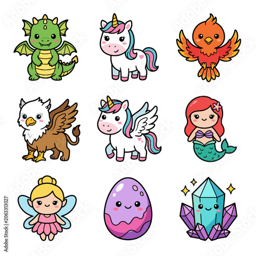 Colorful fantasy cartoon animal icons set.