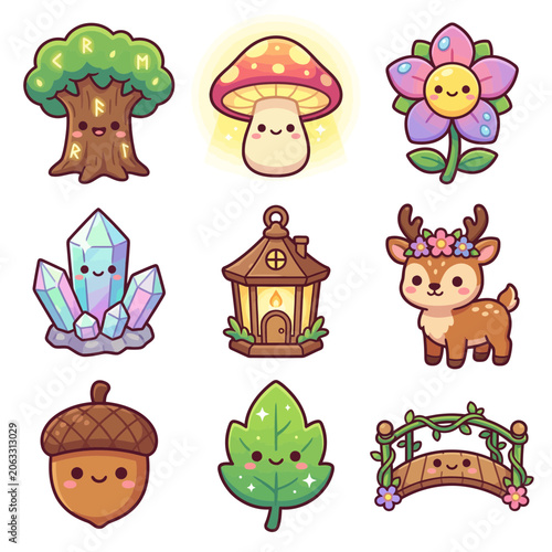 Smiling cartoon forest and garden creatures.