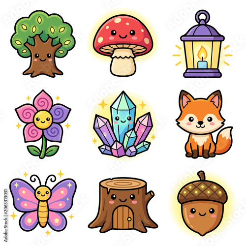 Colorful cartoon forest magical creatures icons.