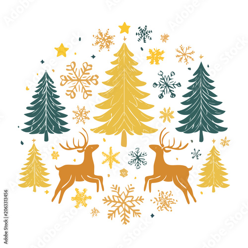 Flat design Christmas decoration with deer and pine trees