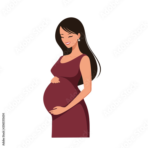 Pregnant woman in maroon dress illustration