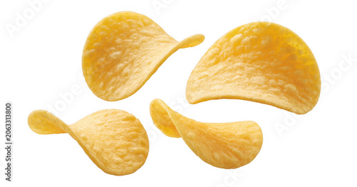 Four crispy golden potato chips arranged in a group, isolated on a white background, for snack food, advertising and culinary projects