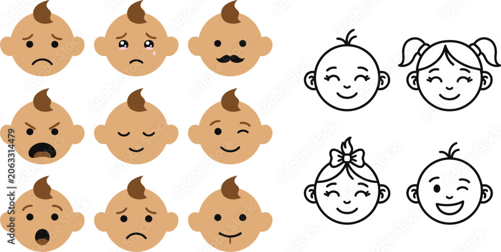 Obraz premium Baby Emotion and Expression Icon Collection with Happy Sad Angry Sleeping and Playful Infant Faces