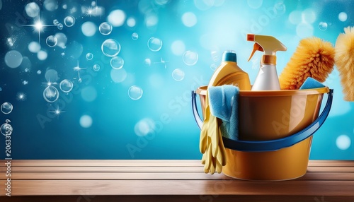 bucket of cleaning supplies on wooden table with clean blue bubbly background cleaning services concept