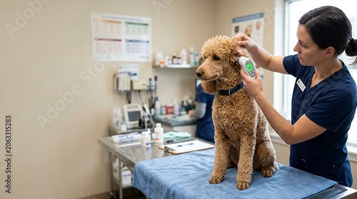 Veterinarian taking temperature of a poodle dog with digital thermometer during medical examination