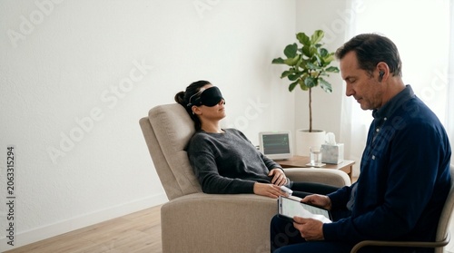 Therapist guides patient in hypnotherapy session while using tablet for relaxation and mental health treatment